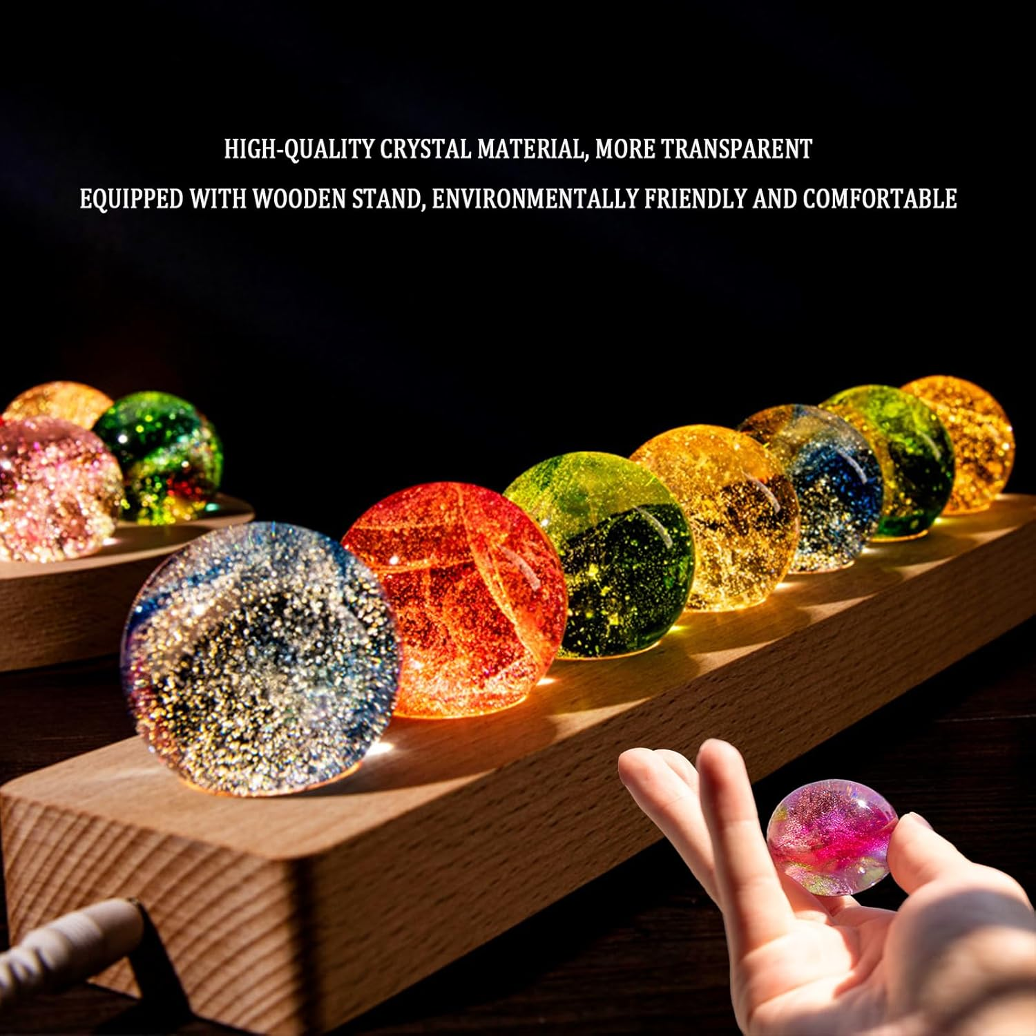 3D Crystal Ball Night Light, Fantastic Star Globe Night Light, Colourful Mini Glass Health Globes with Wooden Base, Ice-Cracked Crystal Ball in 7 Colours, Photography Ball Gift for Home, Living Room image number 1