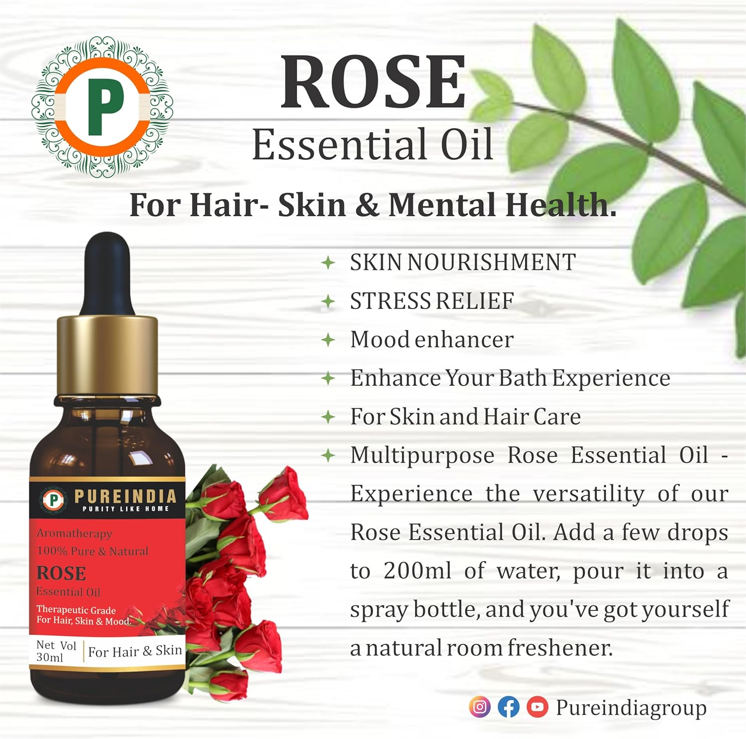 Pureindia Combo Rose & Lavender Essential Oil for Hair Growth, Hair Fall Control and Nourishment, Skin Care, 100% Pure, Natural, Undiluted | 30Ml image number 3