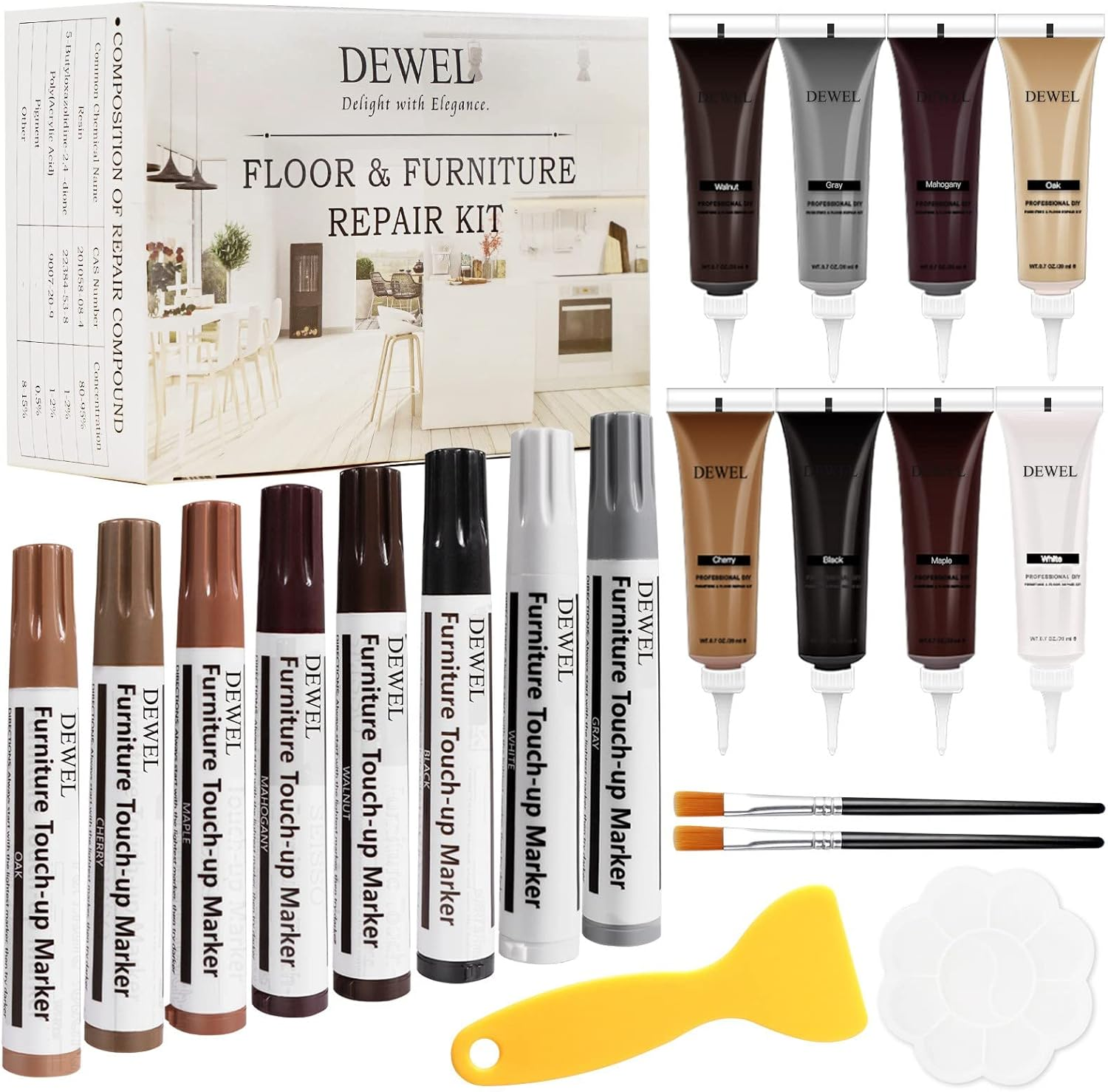 DEWEL Wood Furniture Repair Kit, Professional Wood Fillers and Furniture Touch up Markers Repair Stains, Scratches, Wood Floors, Tables, Cabinet, Carpenters, Bedposts