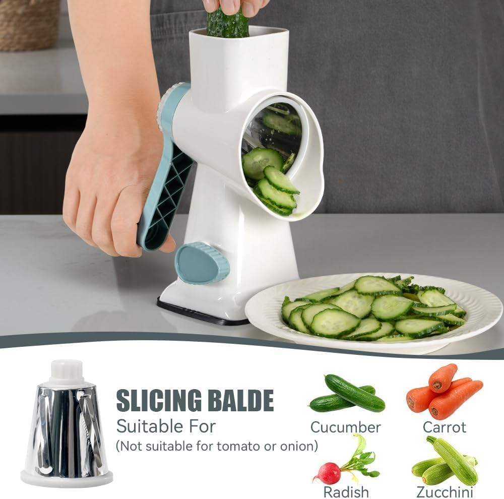 Rotary Cheese Grater, Cheese Shredder, Multifunction 5 in 1 Kitchen Manual Speed round Mandolin Food Slicer Vegetable Chopper, Potato Slicer, Grinder for Nut, Carrot, Radish, Cucumber (White)