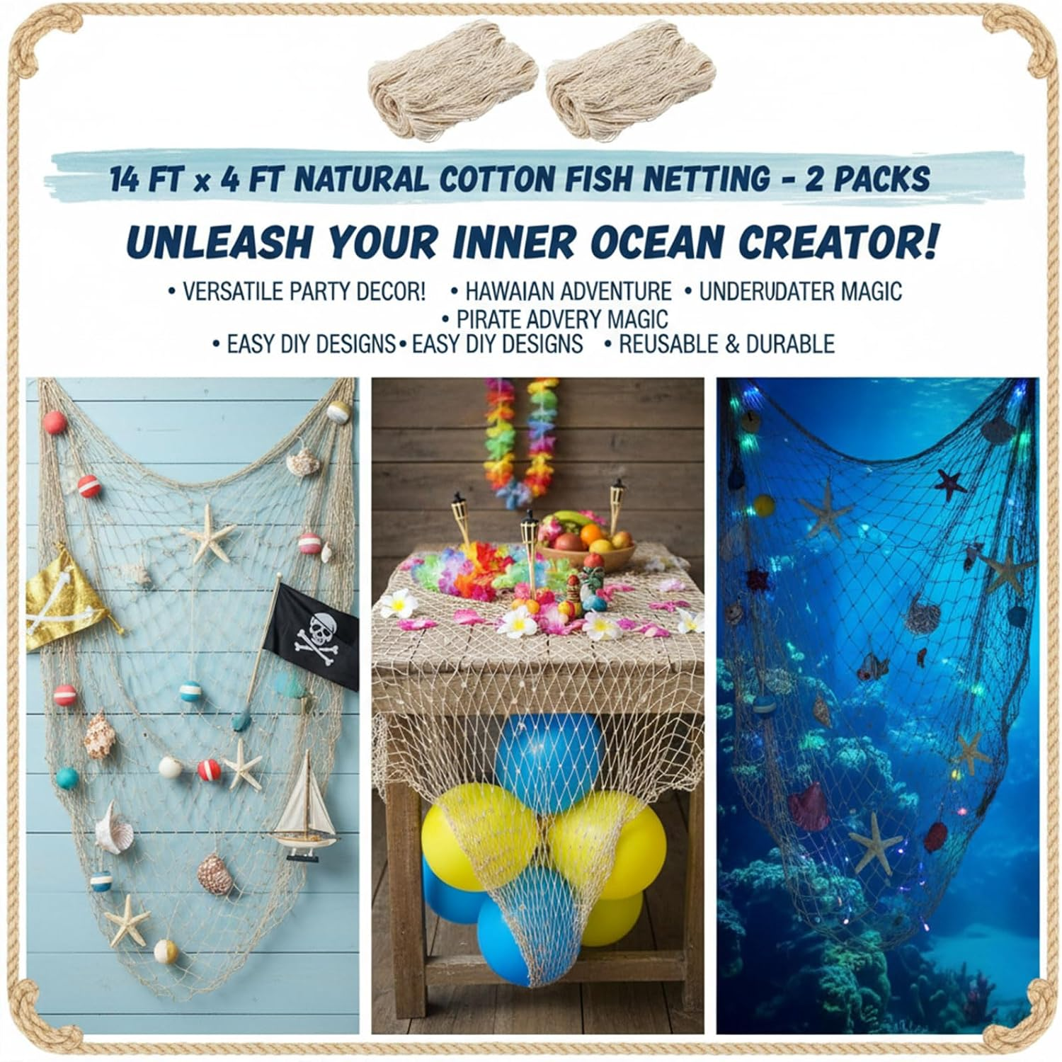 Fish Net Decorations 2 Pack, Natural Cotton Fishing Nets for under the Sea Party Decorations, Ideal for Beach Room Decor & Coastal Decor, Nautical Pirate Halloween Decoration by Ruibex image number 5