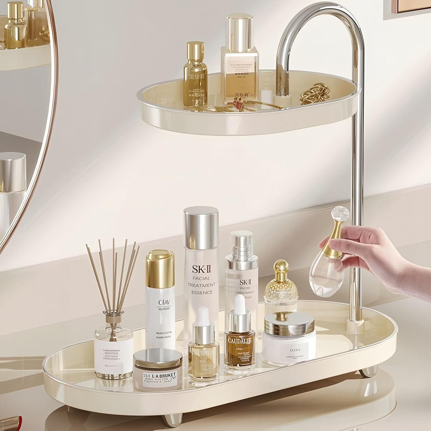 Makeup Perfume Storage Box,Spinning Skincare Cosmetic Organiser 2 Tier Large Beauty Spinny Make up Storage Organiser Shelf for Perfume, Jewellery, Dresser, Vanity, Bedroom, Bathroom (Cream White)