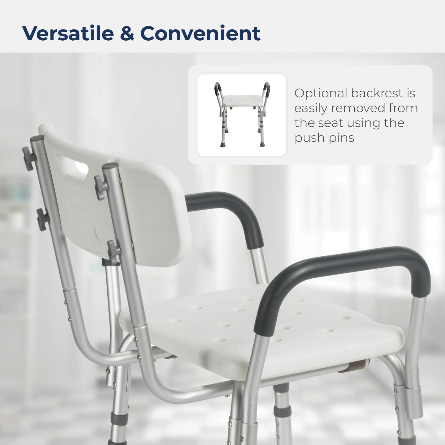 Shower Chair, Height Adjustable Non-Slip Aluminum Frame Shower Seat with Shower Buckle &Removable Back & Padded Arms, Bathtub Shower Lift Chair for Elderly & Disabled, Hold up to 150 Kg(White) image number 3