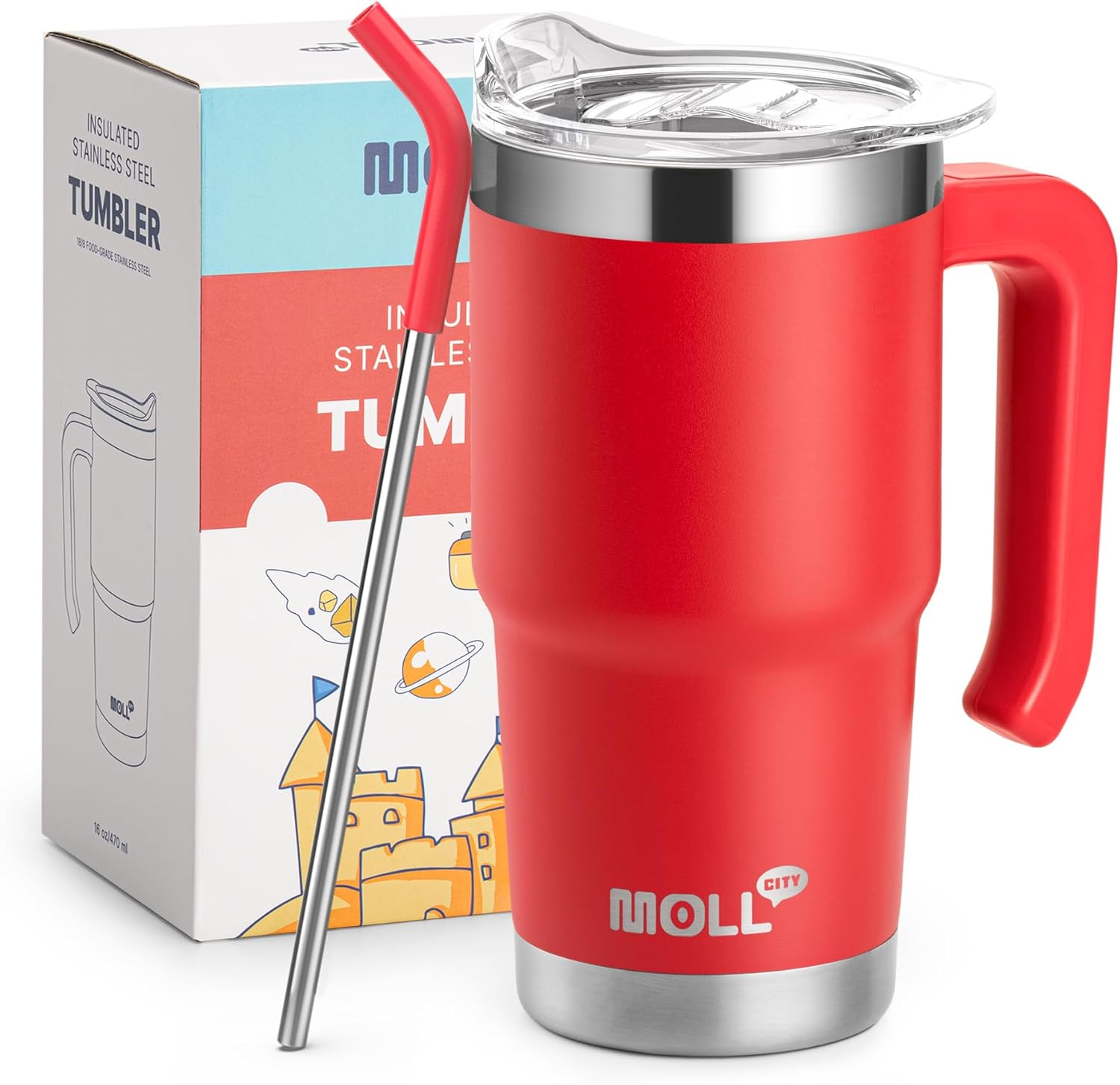 Mollcity 16 Oz Tumbler with Straw Stainless Steel Double Wall Vacuum Insulated Coffee Cup with Lid and Handle-Reusable Travel Mug for Women, Girls(Sky Blue)