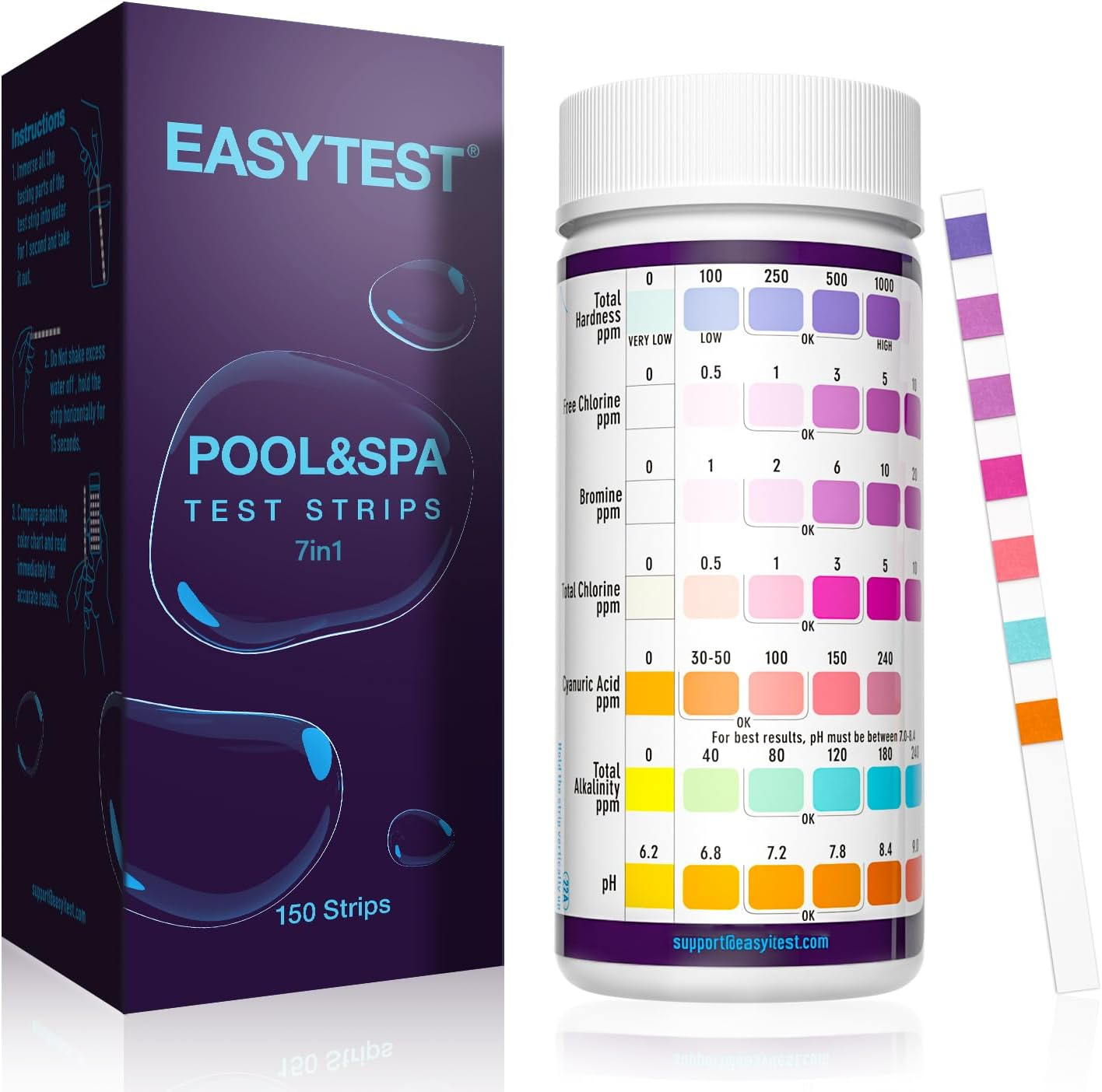 EASYTEST 7-Way Pool Test Strips, 150 Strips Water Chemical Testing for Hot Tub and Spa, Accurate Test Bromine, Total Alkalinity, Ph, Free Chlorine, Total Hardness, Cyanuric Acid, and Total Chlorine