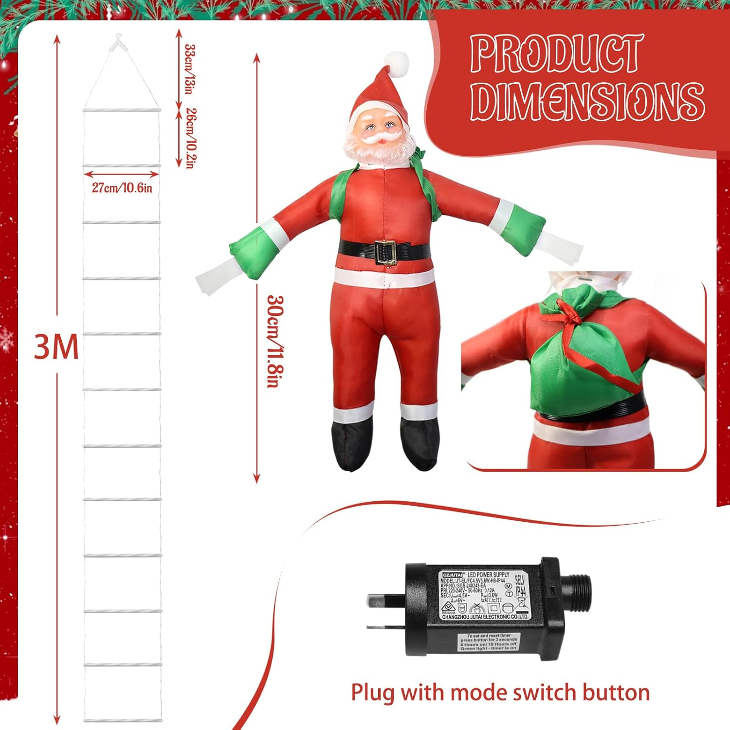 3M Christmas Santa Climbing Ladder Lights, Christmas LED Stairs Lights Decorations with 8 Modes for Home Staircases Christmas Trees Outdoor Indoor Xmas Decor