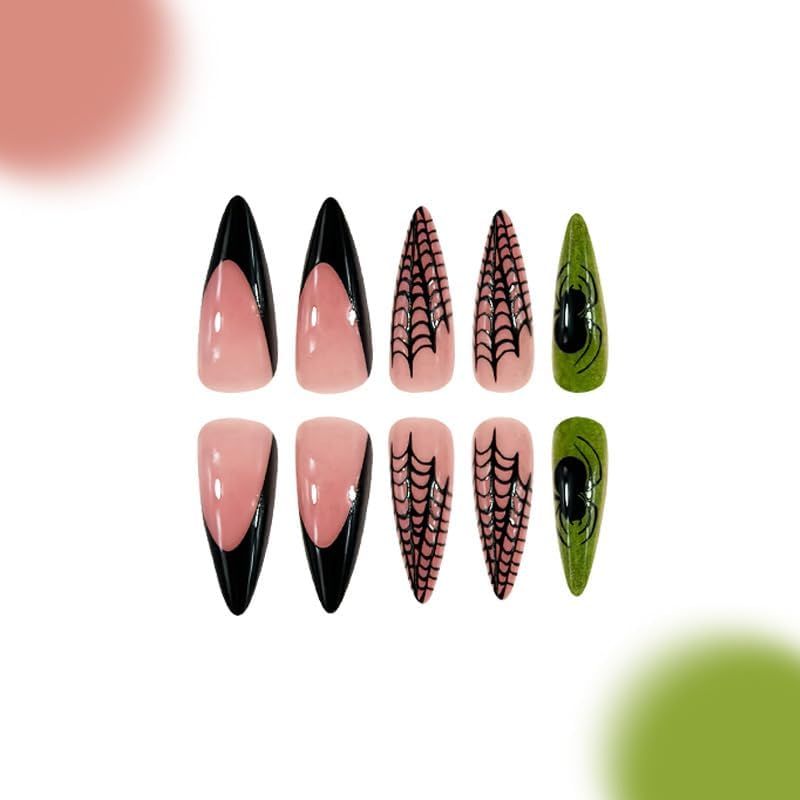 Mouyouglow Press on Nails Long, Stiletto Halloween Spider Web Black French 3D Spiders Skull Creepy Spooky Horror Gothic Fake Nails with Nail Glue, Black Tips Artificial Fingernails Nails-Hae5 image number 5