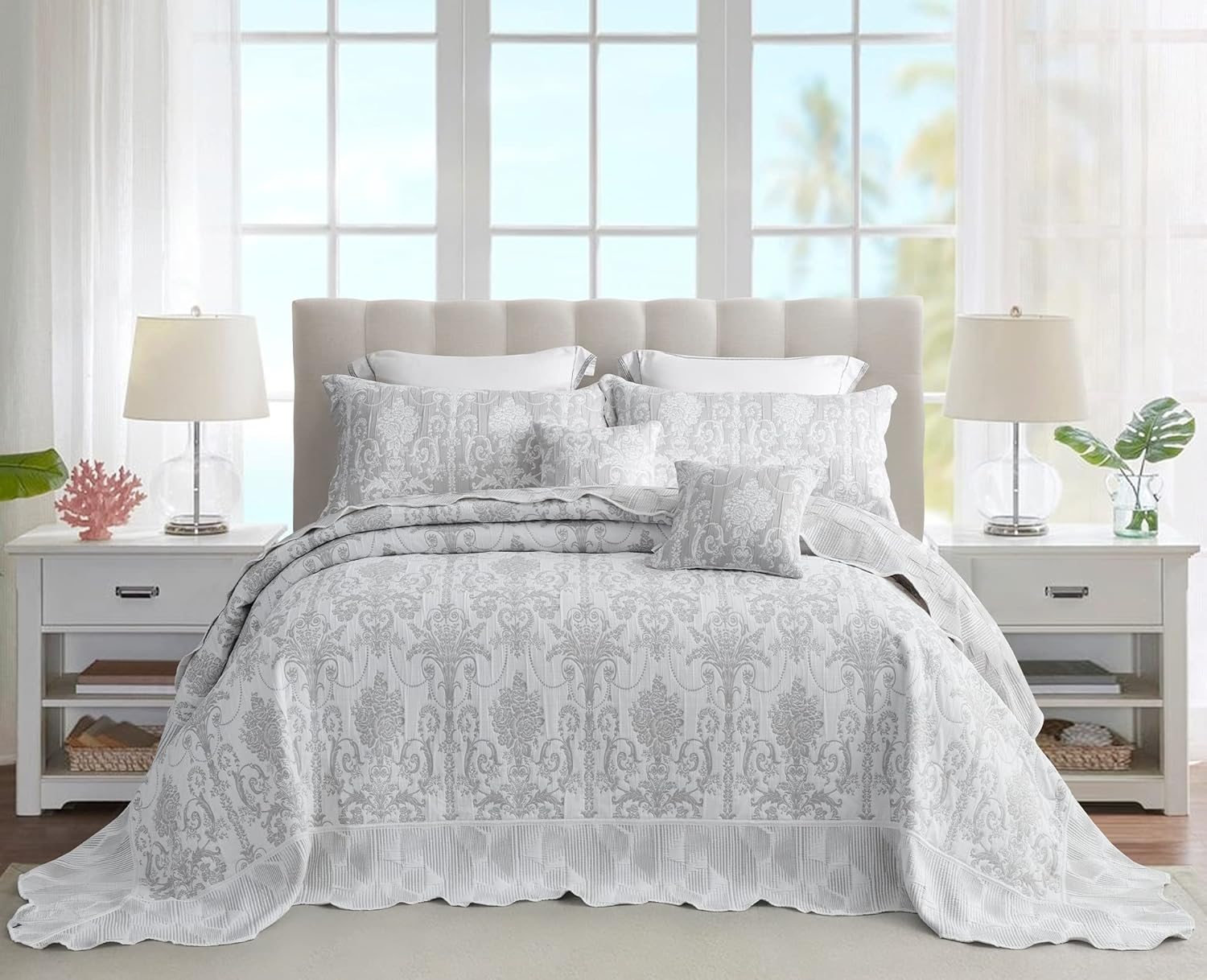 Blythease Oversized King Bedspread, Jacquard Matelasse Damask Pattern Design, Lightweight, Reversible, 5 Piece, 100% Microfiber, Gray image number 5