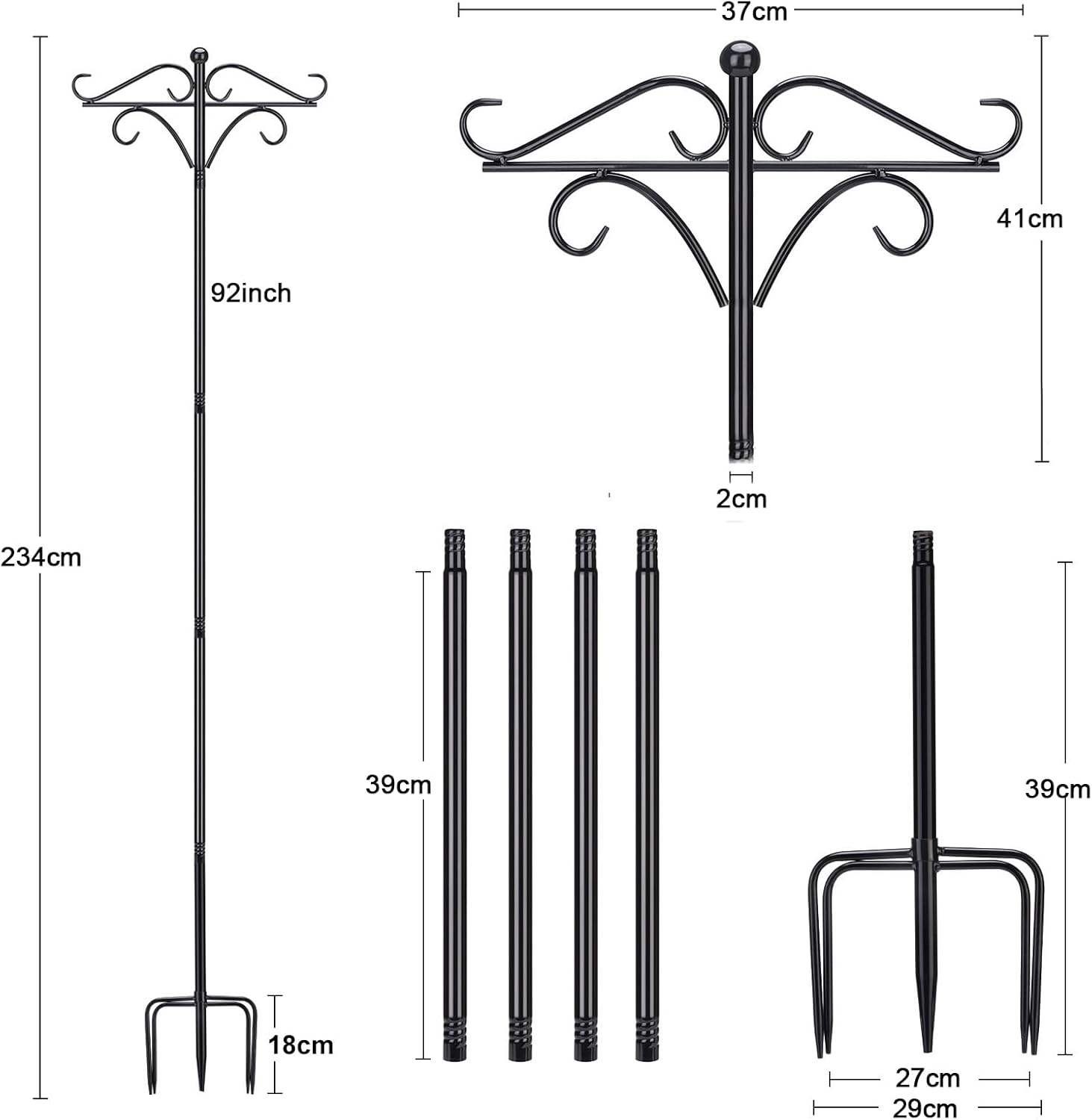 2PCS Shepherd Hooks Outdoor, 92 Inch with 5 Prong Base, Heavy-Duty Bird Feeder Pole Stand for Hanging Plant, Flower Pots, Lanterns, Wind Chime, Weddings Decor image number 3