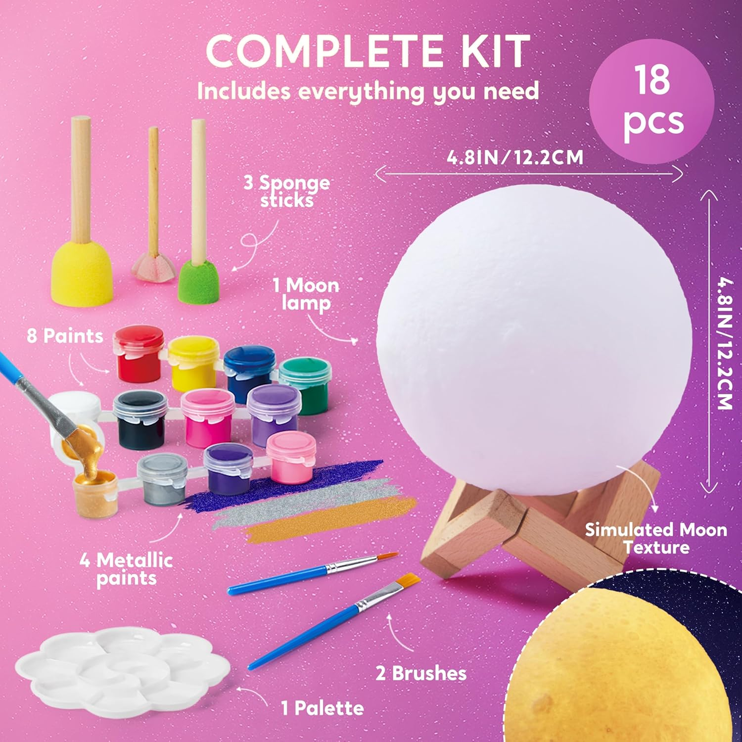 Klever Kits DIY 3D Moon Night Light, Paint Your Own Moon Lamp Kit Galaxy Lamp Arts and Crafts Kit, School Activities, Birthday Gifts for Kids Girls Boys image number 1