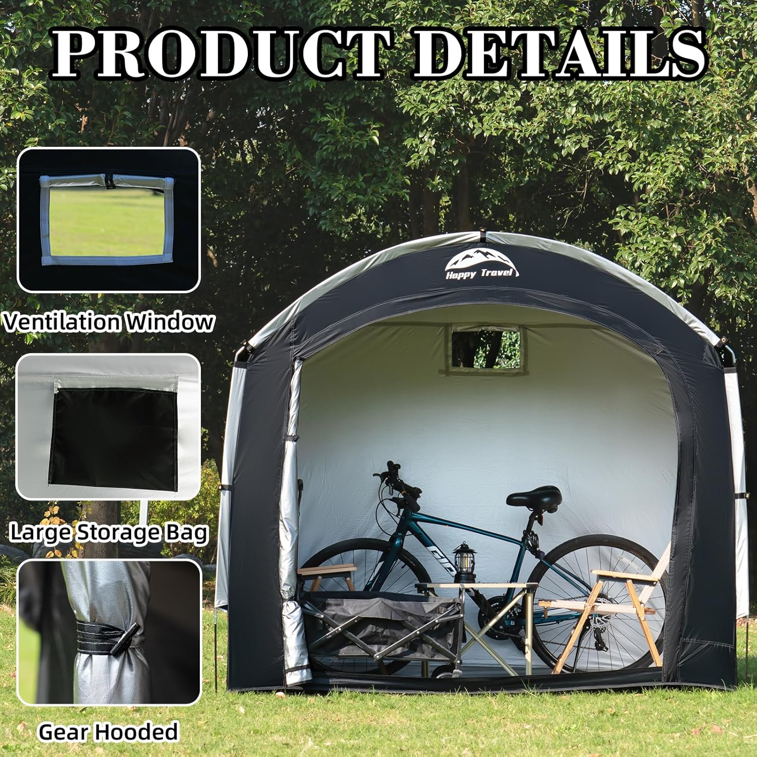 Happy Travel Bike Storage Tent Shed,Large Outdoor Waterproof Bicycle Covers Shelter with Window for 2/4/6/8 Bikes,Oversized outside Portable Sheds for Lawn Mower,Garden Tools (Black) image number 4