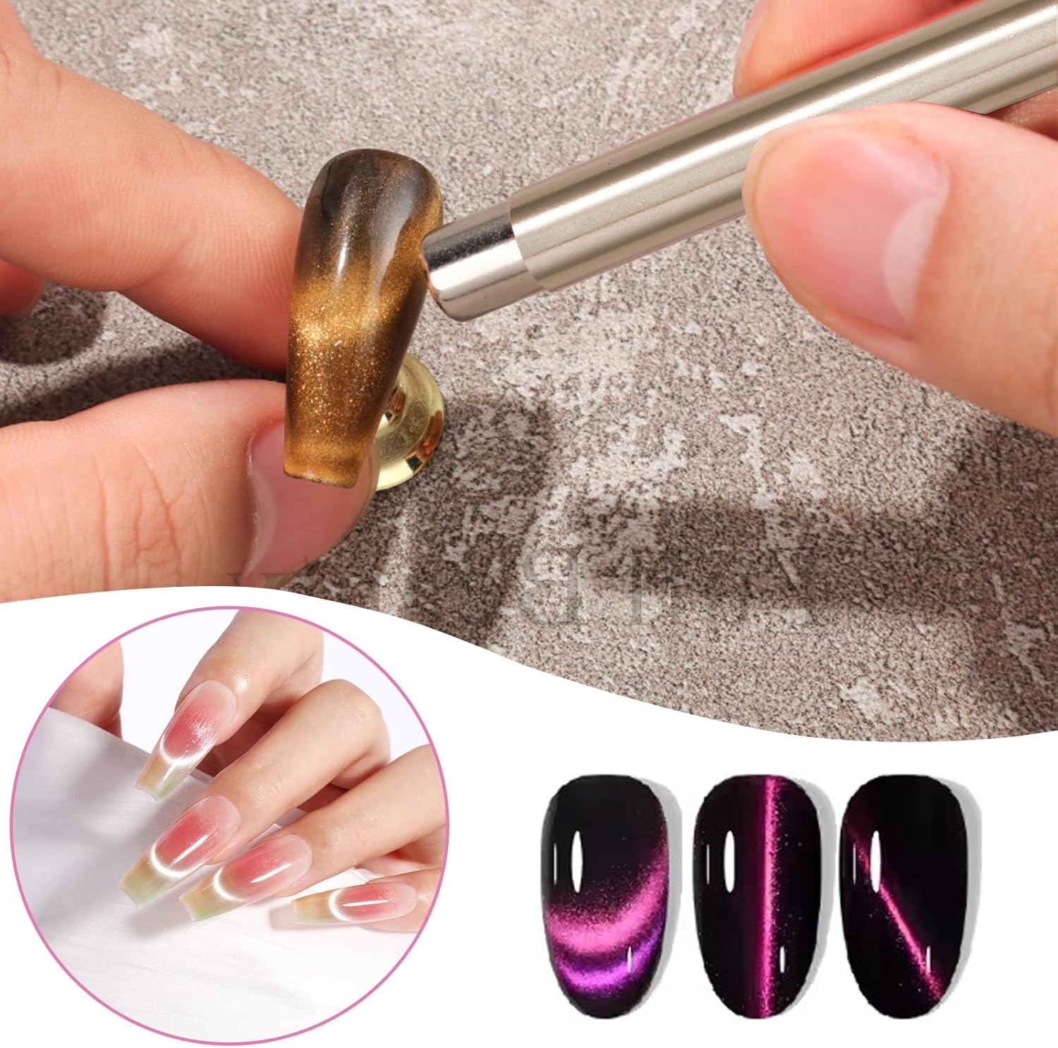 DANNEASY Cat Eye Magnet for Nails, 3 in 1 Cat Eye Nail Magnet Gel Magnetic Nail Polish Design Tool Multifunctional Manicure Tools for DIY Home & Salon - Gold image number 6