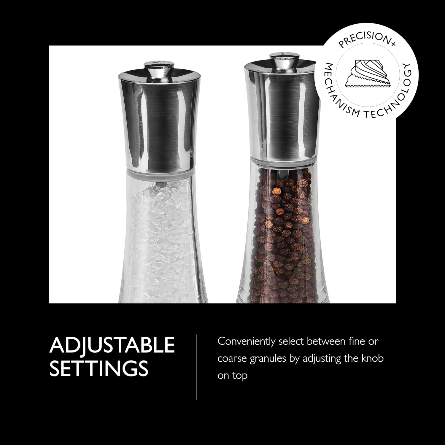 Cole & Mason Salt & Pepper Mill Grinders Gift Set - Adjustable Grind | Pre-Filled with Pepper & Salt | Clear Acrylic and Stainless Steel Design | Easy-To-Refill | Comes with Gift Box | Clear/Black image number 2