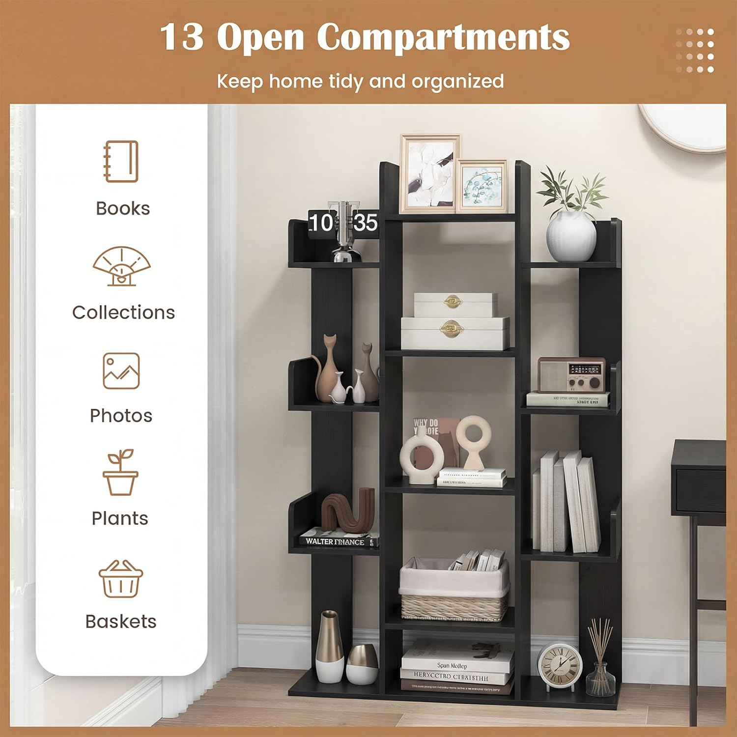 Giantex Tree Bookshelf, 141 Cm Tall Bookcase with 13 Open Shelves, Corner Books Storage Organizer, Freestanding Decorative Display Cube Shelf for Living Room, Study or Office - Black image number 1