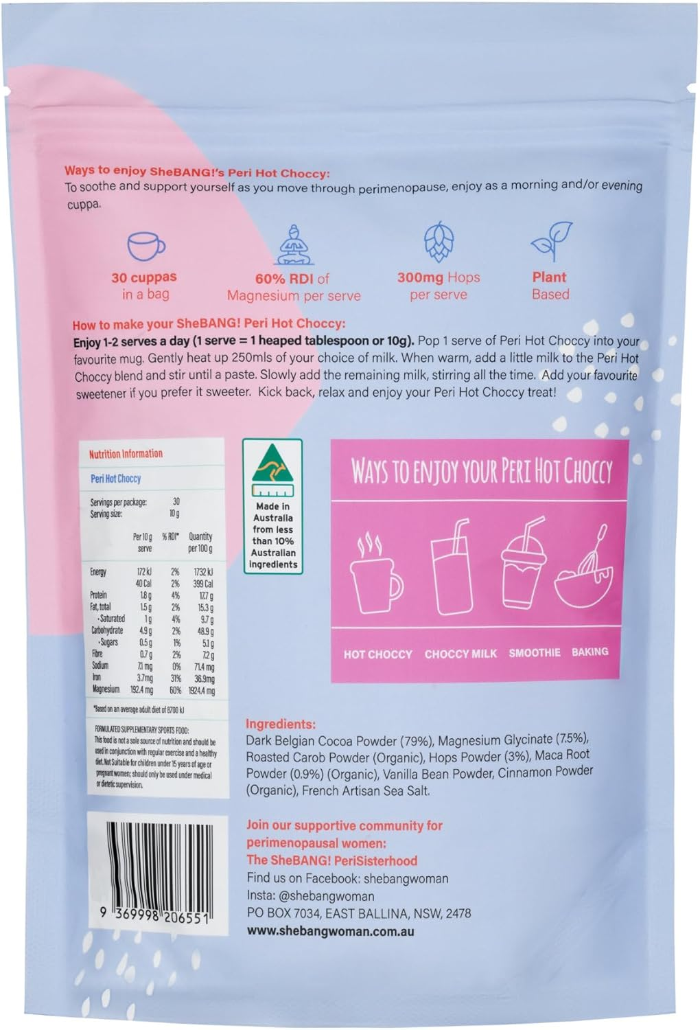 Shebang! Woman Peri Hot Choccy with Magnesium Glycinate and Hops - Soothes Perimenopausal & Menopausal Women image number 5