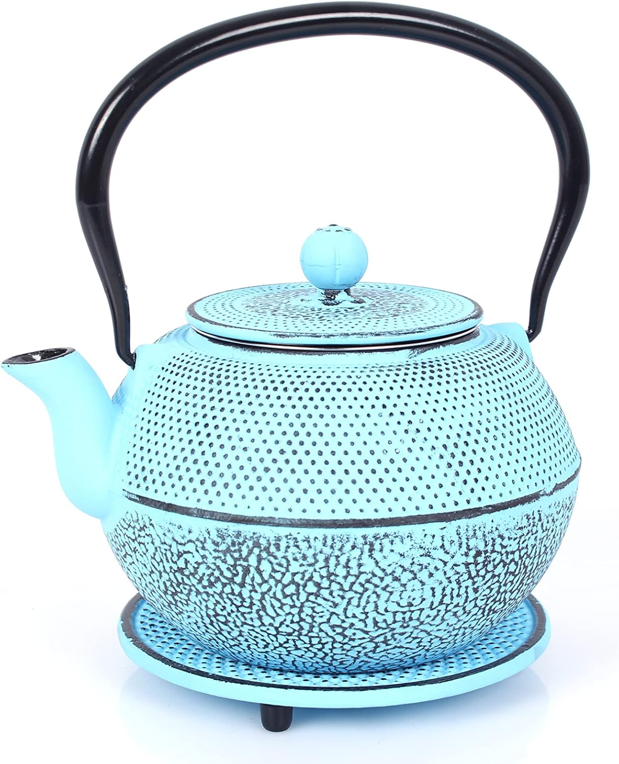 Echtwerk Cast Iron Tea Service Teapot 1.1L with Removable Strainer, Tea Maker with Saucer and 2 Tea Cups, Vintage Design Teapot Set for Loose Tea Preparation, Light Blue