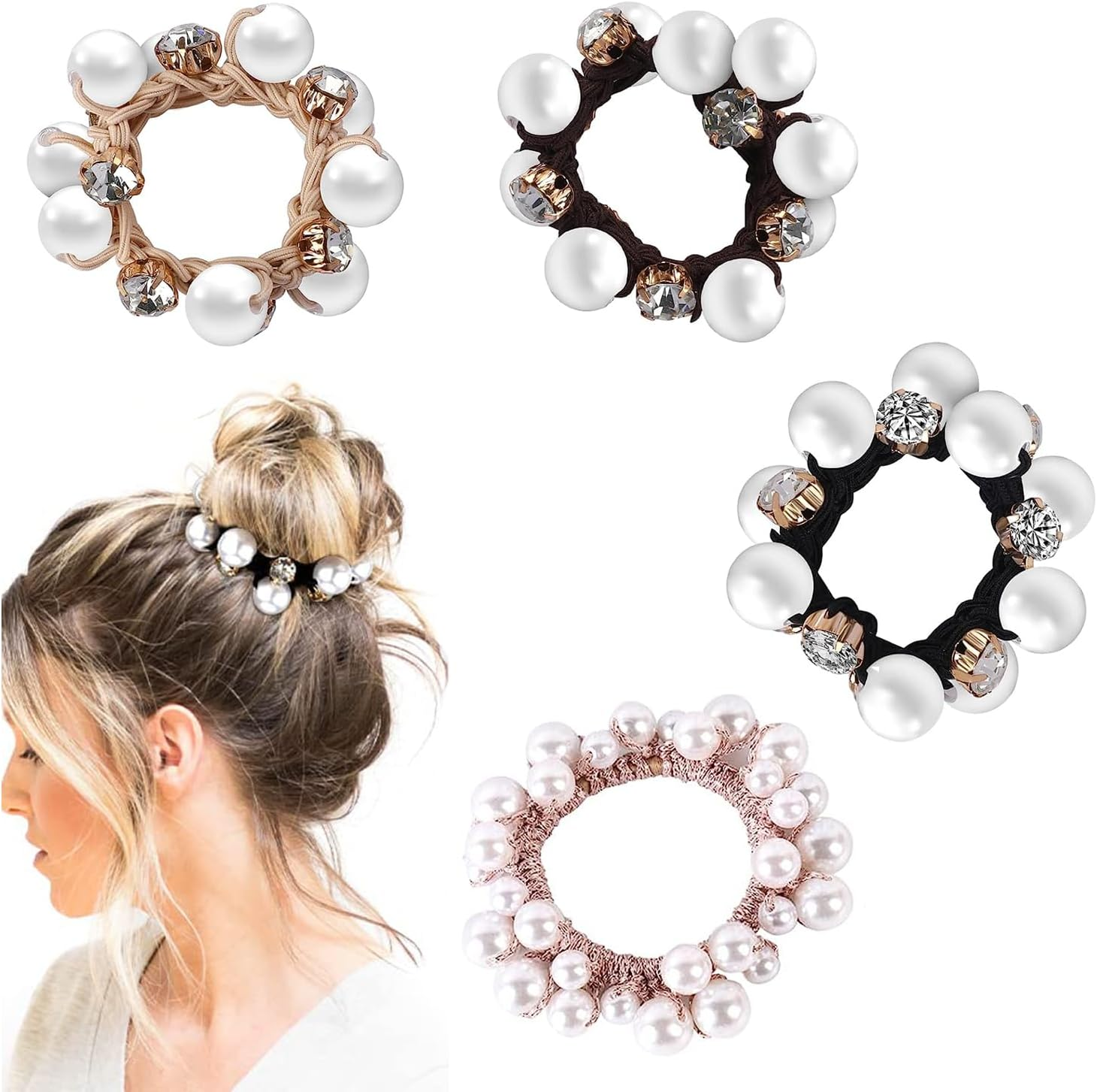 Taicols Pack of 4 Scrunchies Crystal Pearl Hair Bobbles for Women, Pearl Hair Accessories, Hair Ropes, Hair Bobbles, Strong Elastic Stretchy Hair Bands, Crystal Ponytail Holder, Hair Bobbles for Women and Girls image number 4
