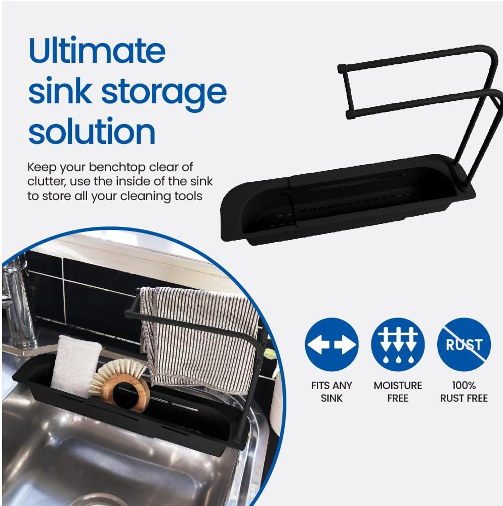 White Magic Sink Organiser Black - Adjustable 36-50Cm, Rust-Free with Recessed Compartments, Towel Bar, and Drainage for Dry, Clutter-Free Sink Storage. Easy to Assemble, Clean, and Built to Last image number 3