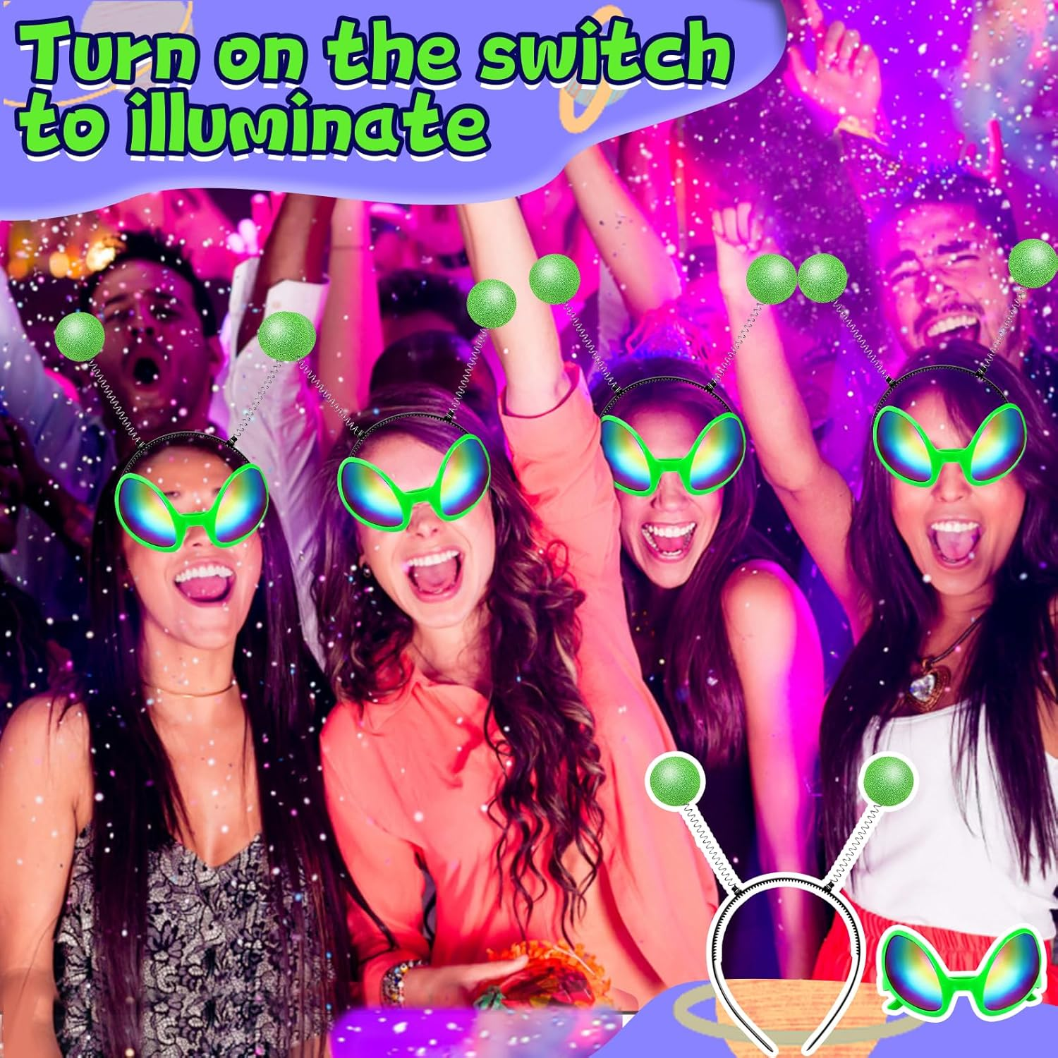 Pack of 2 Alien Glasses Costume Sunglasses, 2 Pieces Funny Martian Antenna Headband, Party Glasses, Decorative Alien Space Costume Cosplay Party Rave Accessories Halloween Carnival, Green, One image number 2