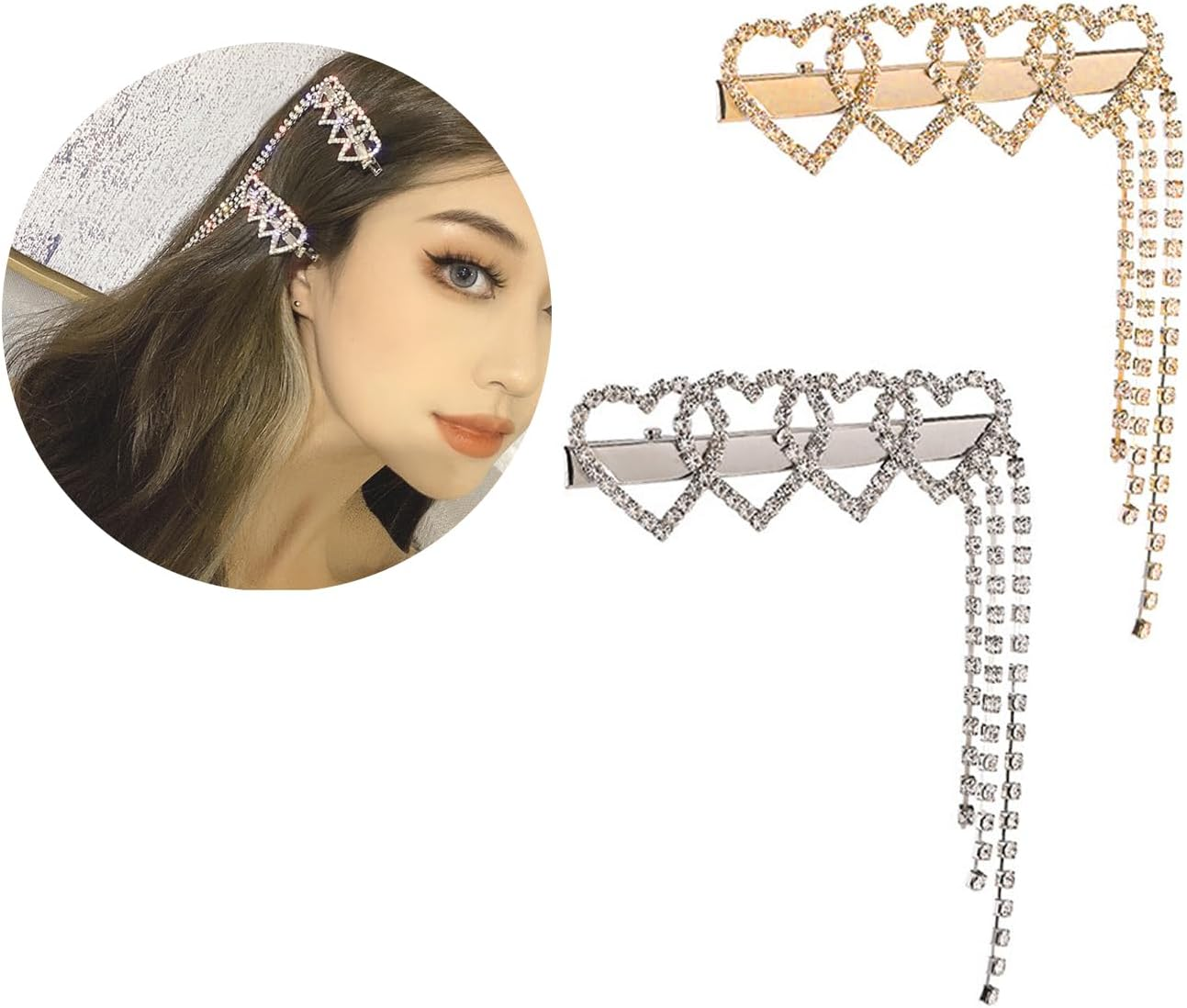 2 PCS Love Tassel Metal Hair Clips Rhinestone Hair Clips Chain Hair Clips Side Bangs Hair Clips for Ladies Girls image number 2