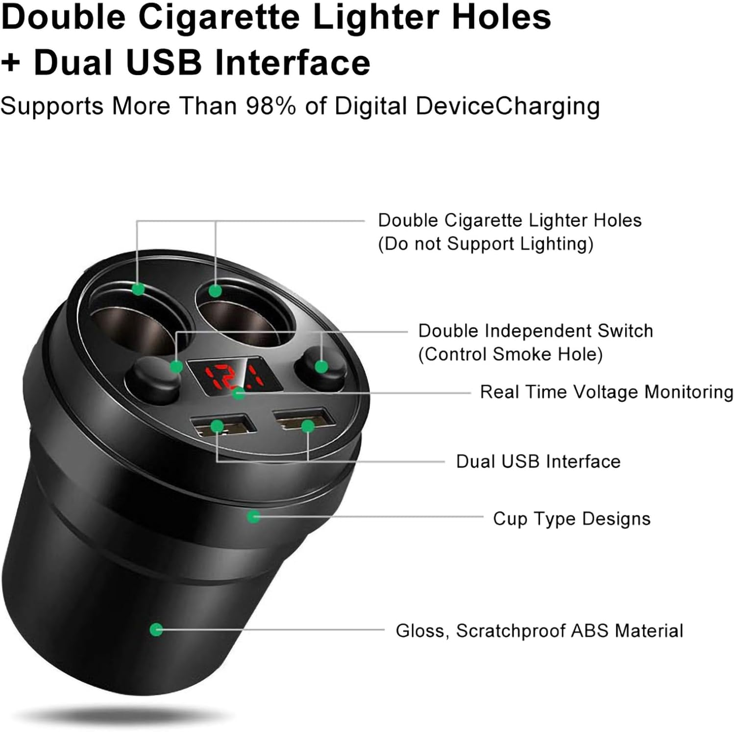 Car Charger, Interior Accessories, Car Cup Holder Insert, Cup Dual USB Car Charger with Wire, Multifunction Cigarette Lighter for Phone, Tablet, PC image number 6