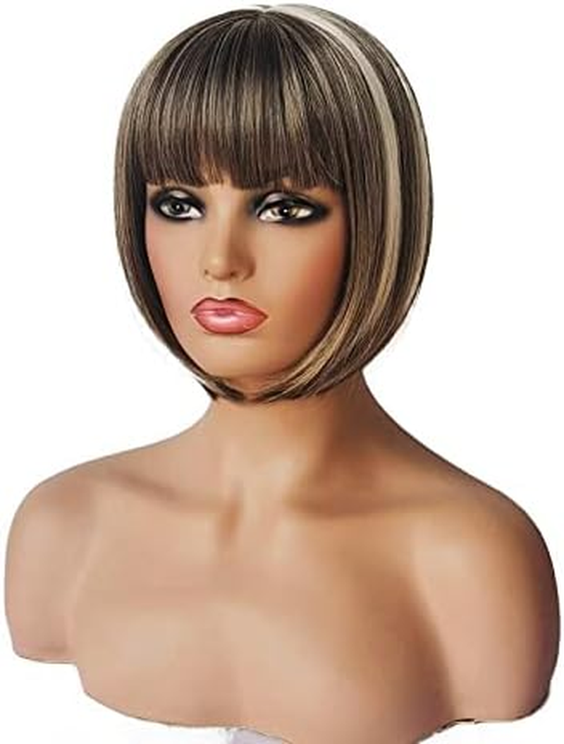 AUBWIG Brown Mixed White Bob Wigs Classic Short Bob Short Straight Wig with Fringe Heat Resistant Synthetic Wigs (Brown Mixed White) image number 6