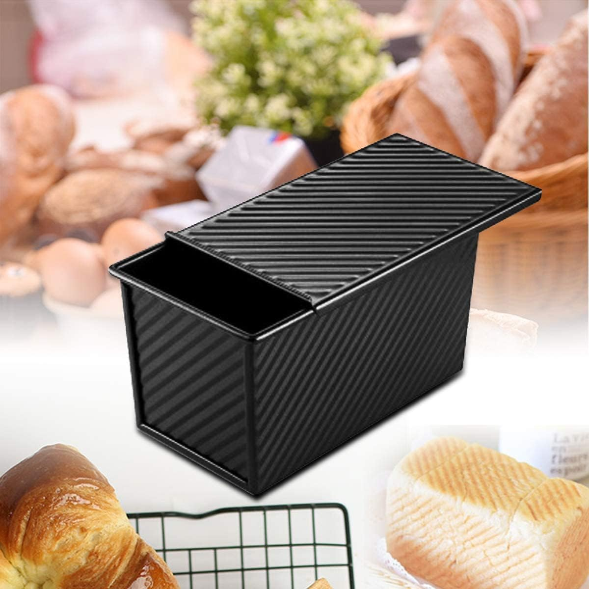 Pullman Loaf Pan with Lid, 1 Lb Non-Stick Toast Box with Cover, Carbon Steel Corrugated Bread Pan for Oven Baking, Black (8.3X4.3) image number 4