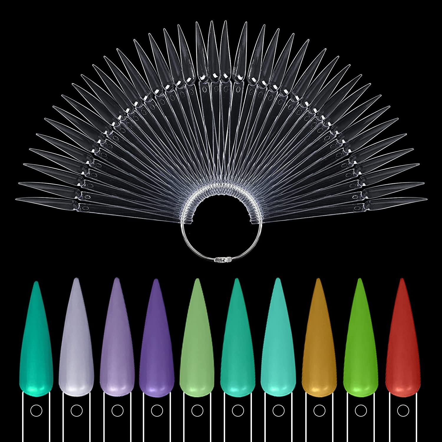 BNG Stiletto Nail Colour Display Sticks 80X Nail Art Tips Pop Sticks Gel Polish Practice Sample Nail Pops Salon Color Card Chart, Fan-Shaped Transparent Colors Wheel with Ring Holder Detachable image number 6