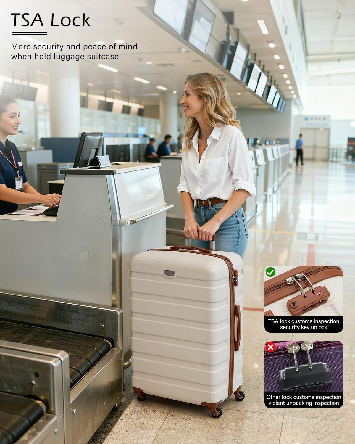COOLIFE Luggage ABS+PC Lightweight Hard Shell Carry on Suitcase with TSA Lock and 4 Durable Spinner Wheels, White/Brown, 24 Inch image number 5