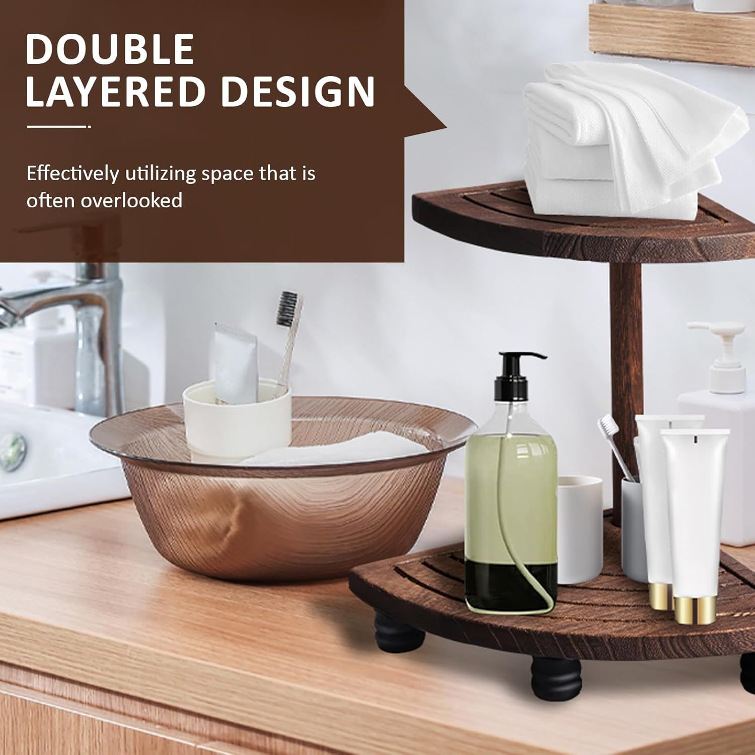 Fwqofvk 2 Tier Decorative Wood Riser, Rustic Corner Shelf, Countertop Bathroom Organizer, Farmhouse Riser, Corner Counter Shelf, Wood Tray for Kitchen Bathroom Dish Soap Tan image number 5