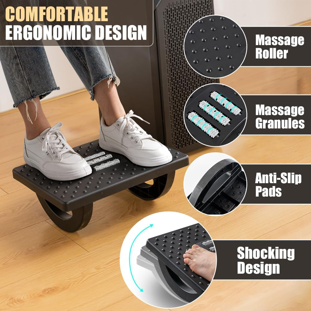 Casazenith Foot Rest for under Desk at Work - Ergonomic Foot Stools for under Office Desk - Rocking Footrest with Roller Massager - Leg Rest for Chair, Computer Gaming - Promote Leg Circulation