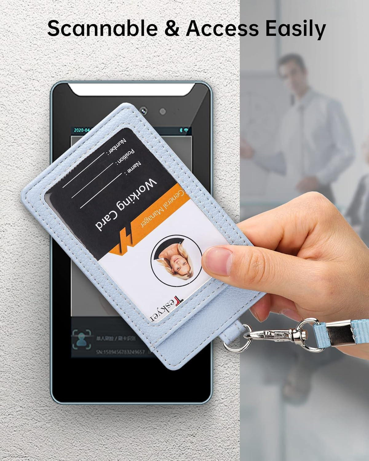 Teskyer Badge Holder with Lanyard, Leather ID Name Badge Card Holder with Lanyard for ID Badges,For Office School Work, Vertical, Lichi Cyan image number 4