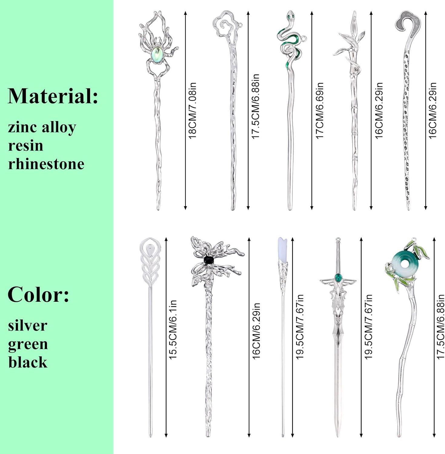 Mikovivi 10 Pcs Chinese Hair Sticks, Silver Metal Hanfu Decorative Hair Pins Snake Butterfly Flower Jade Stone Vintage Hair Chopsticks Elegant Asian Japanese Hairstyles Accessories for Women image number 3