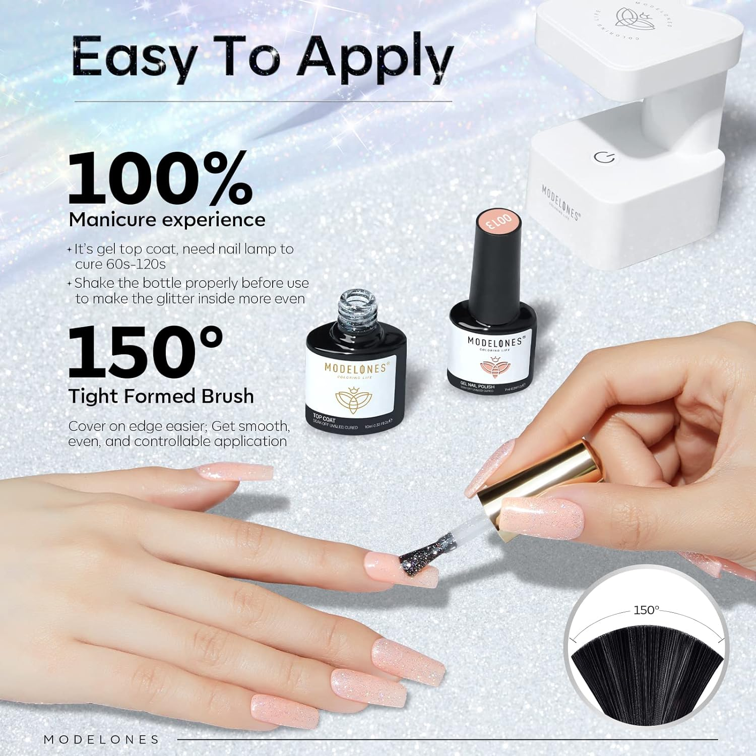 Modelones Glitter Gel Top Coat, Iridescent Silver Mix Glitter Gel Polish No Wipe Top Coat Glossy Sparkly Finish Long Lasting Soak off Rainbow Shimmer Glitter Gel Nail Polish Nail Art Manicure, 10Ml