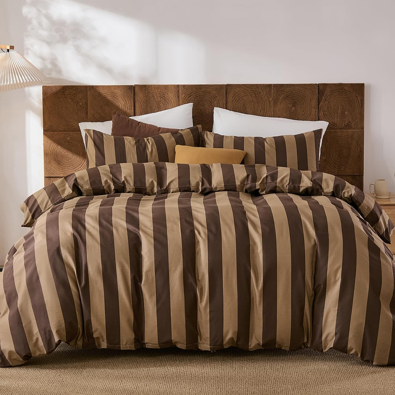 Merryword Brown Striped Duvet Cover Set King Size, 100% Natural Cotton Linen like Duvet Cover Set with Zipper Closure & 8 Corner Ties, Brown Khaki Soft Reversible Bedding for All Seasons