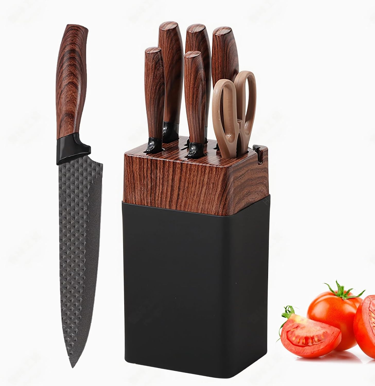 Knife Set, 7 PCS Stainless Steel Kitchen Knife Block Set with Built in Knife Sharpener, Black Non Stick Coated Knife, No Rust and Sharp Knife,Best Giftdark Brown Handle