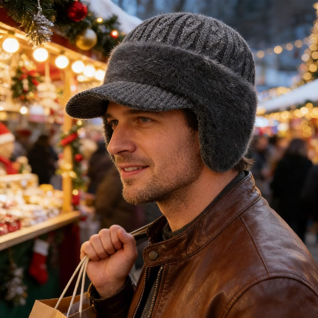 Blocking Knitted Hats with Ear Flaps and Wool Brim, Winter Fleece Lined Warm Baseball Beanie Knit Hat for Men&Women - 2Pcs-A image number 3