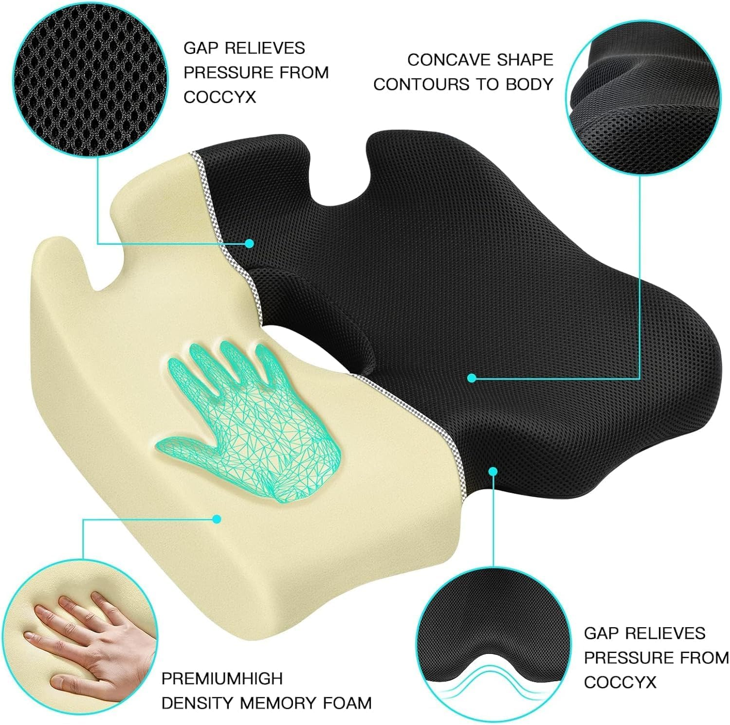 Benazcap Memory Seat Cushion for Office Chair Pressure Relief Sciatica & Tailbone Pain Relief Memory Foam Firm Coccyx Pad for Long Sitting, for Office Chair, Gaming Chair and Car Seat, Black image number 6