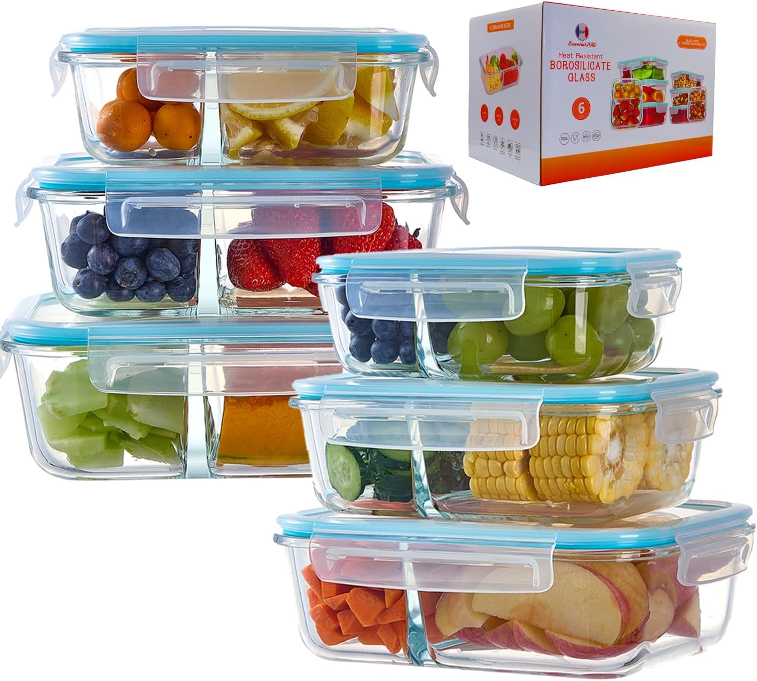 12 Pcs 6 Pack Glass Meal Prep 2 Compartment Containers. Food Storage Lunch Containers. Airtight Snap Lock Lids with Steam Vents. BPA Free. Microwave, Dishwasher, Oven & Freezer Safe. Food Organisation image number 6