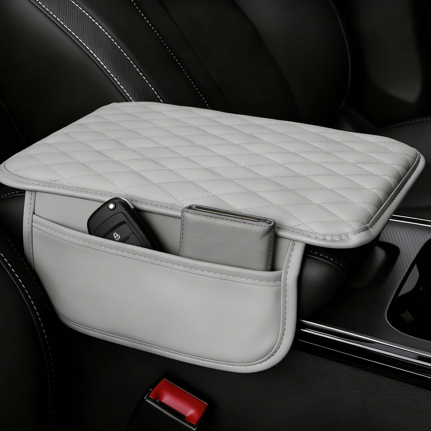 Upgraded Car Center Console Cover, Leather Armrest Cushion Pad with 2 Storage Bags, Microfiber Soft Waterproof Seat Box Cover Protector, Cars Interior Decor Accessories Fit for Most Vehicles
