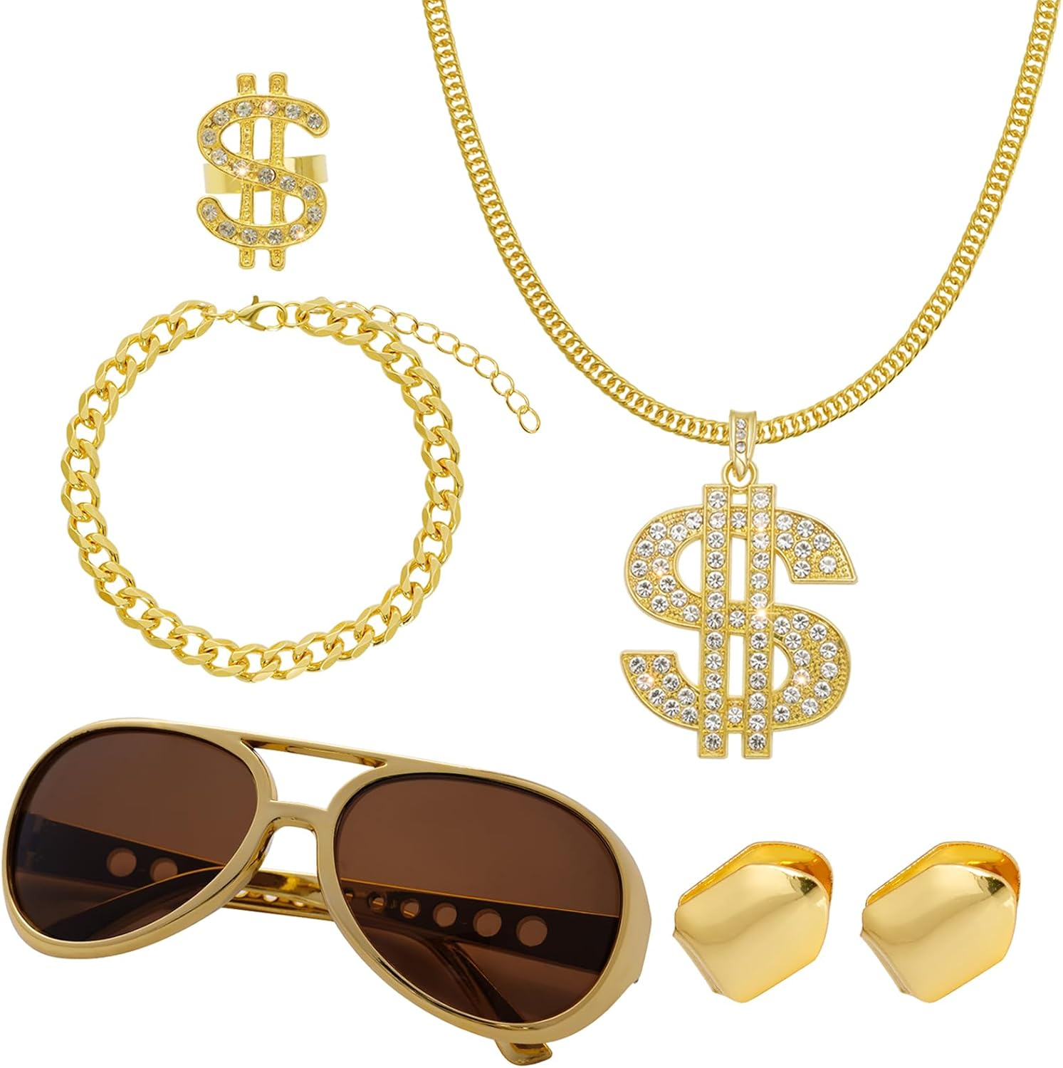 OJIOUI 6Pcs Hip Hop Costume Kit, 80S 90S Halloween Pyhot Hip Hop Costume Fake Gold Bracelet, Dollar Sign Necklace, Ring, Hippie Glasses, Gold Tooth, Rapper Accessories for Men Women image number 1