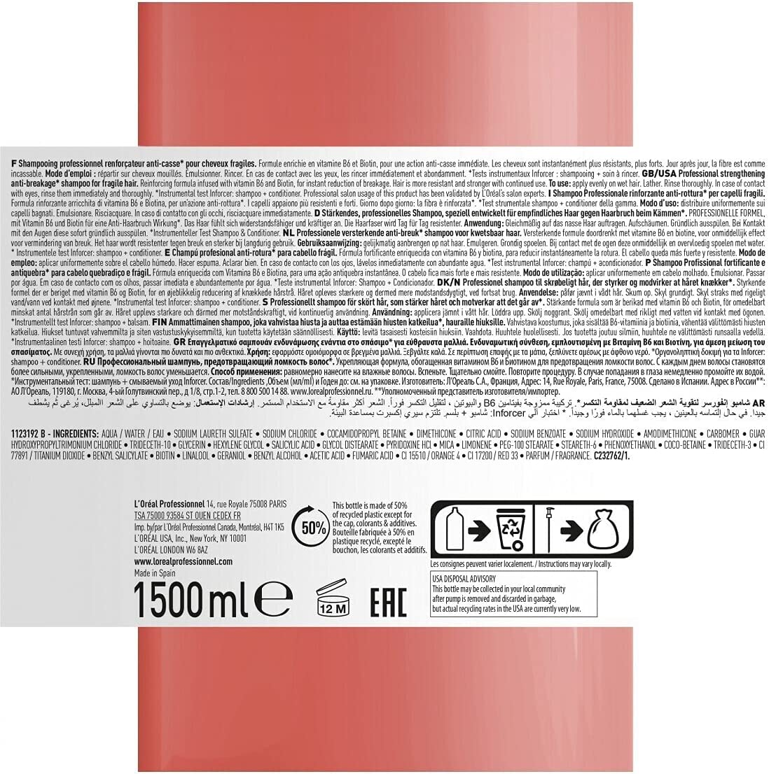 L'Oreal Professional B6 Biotin Inforcer Shampoo 1500 Ml image number 2