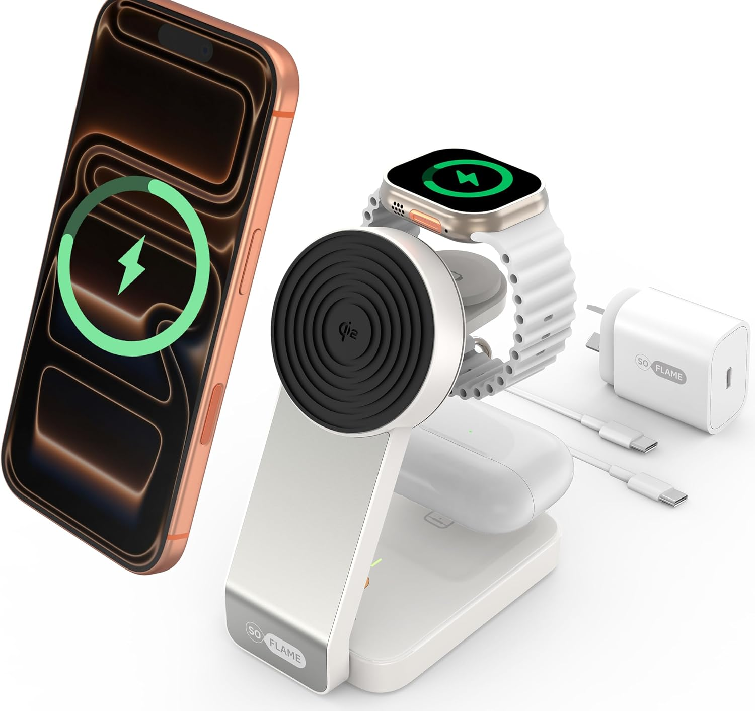 3 in 1 Foldable Mag-Safe Wireless Charger with Adapter &ndash; Magnetic Travel Charging Station for Iphone and Watch, Airpods &ndash; Fast Portable Charging Stand (Qi2 Beige & 30W Gan Adapter)