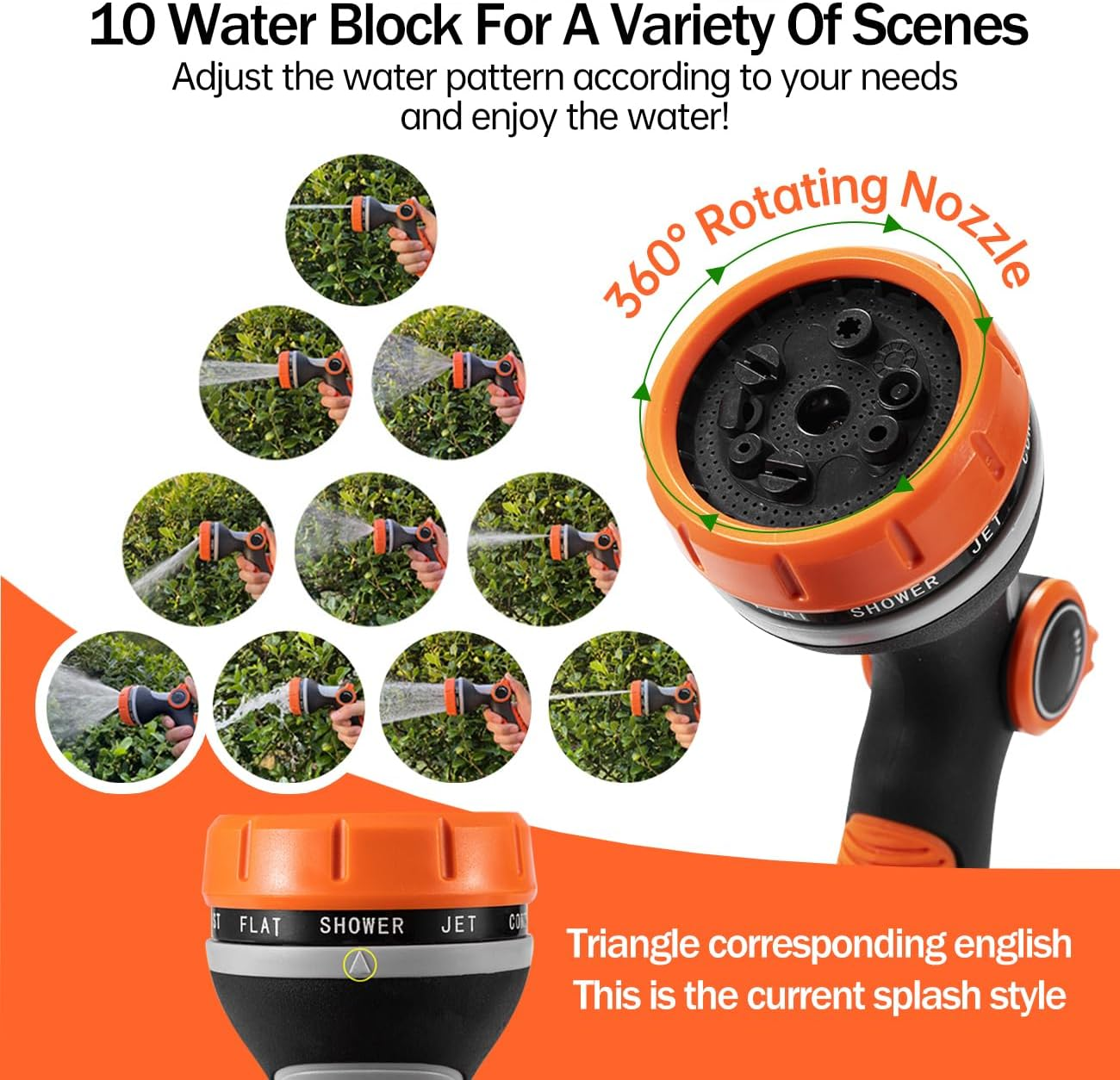 Garden Hose Nozzle, 10 Adjustable Patterns, Zinc Alloy & ABS Plastic, Thumb Switch, Multi-Purpose Sprayer, Orange & Black image number 5