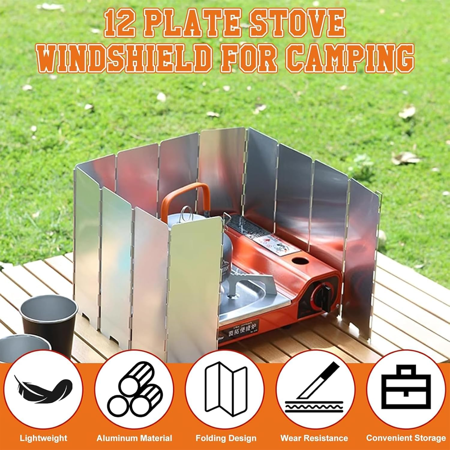 Folding Camping Stove Windscreen 12 Plates Aluminum Camping Stove Windshield with Carrying Bag Portable Camp Stove Wind Screen Outdoor Cooker Butane Burner Wind Shield image number 5