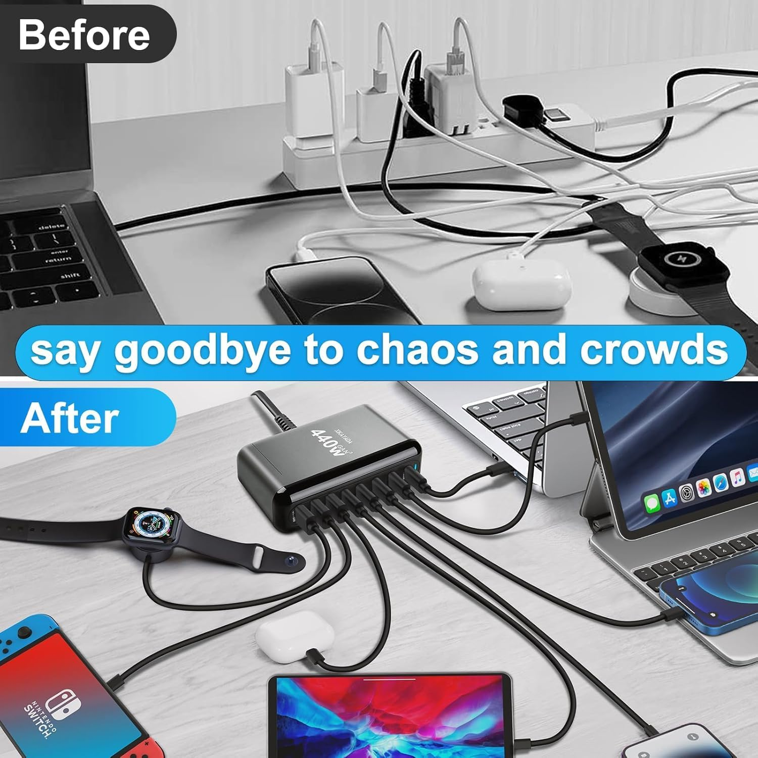 USB C Charger Block Charging Station 440W,8 Port Gan III Fast Charging Brick with 5Ft Cord,Pd QC PPS 100W Laptop Power Adapter for Macbook Pro/Air,Chromebook, Surface Pro/Go,Hp/Asus/Dell Laptop,Iphone