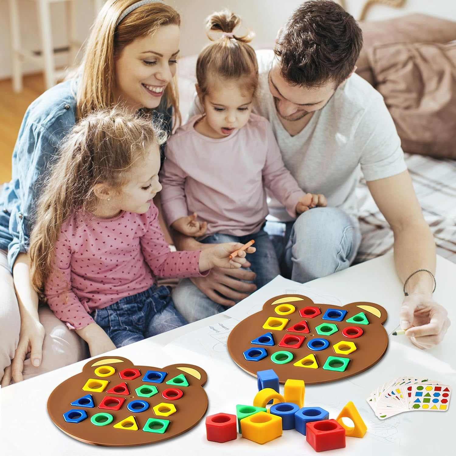 Shape Game: Shape Matching Puzzle, Montessori Toys, Sensory Learning Toy, 3+ Years, 2 Game Disks, 32 Matching Blocks, 30 Cards image number 1