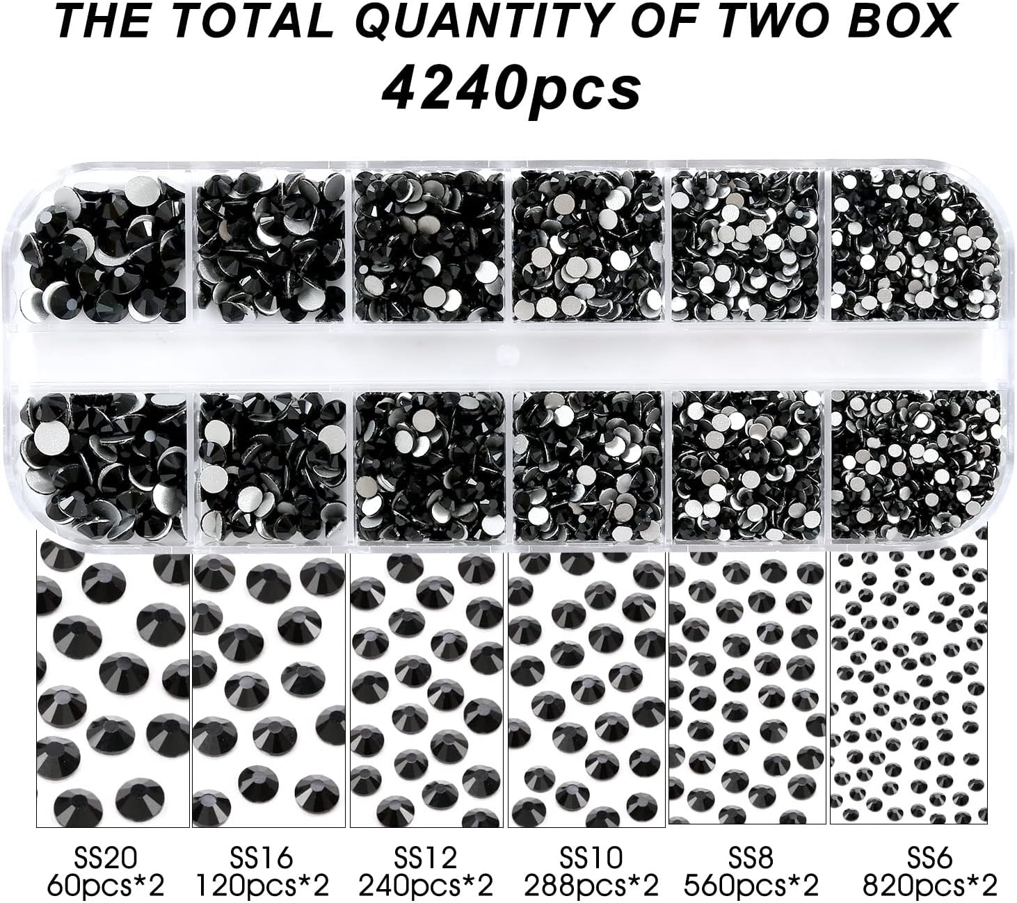 4240Pcs Flatback Black Rhinestones Glass Crystal Gemstones for Nail Art Eye Jewels Makeup round with Tweezers and Picking Pen (SS6~SS20 Set) - Black image number 2