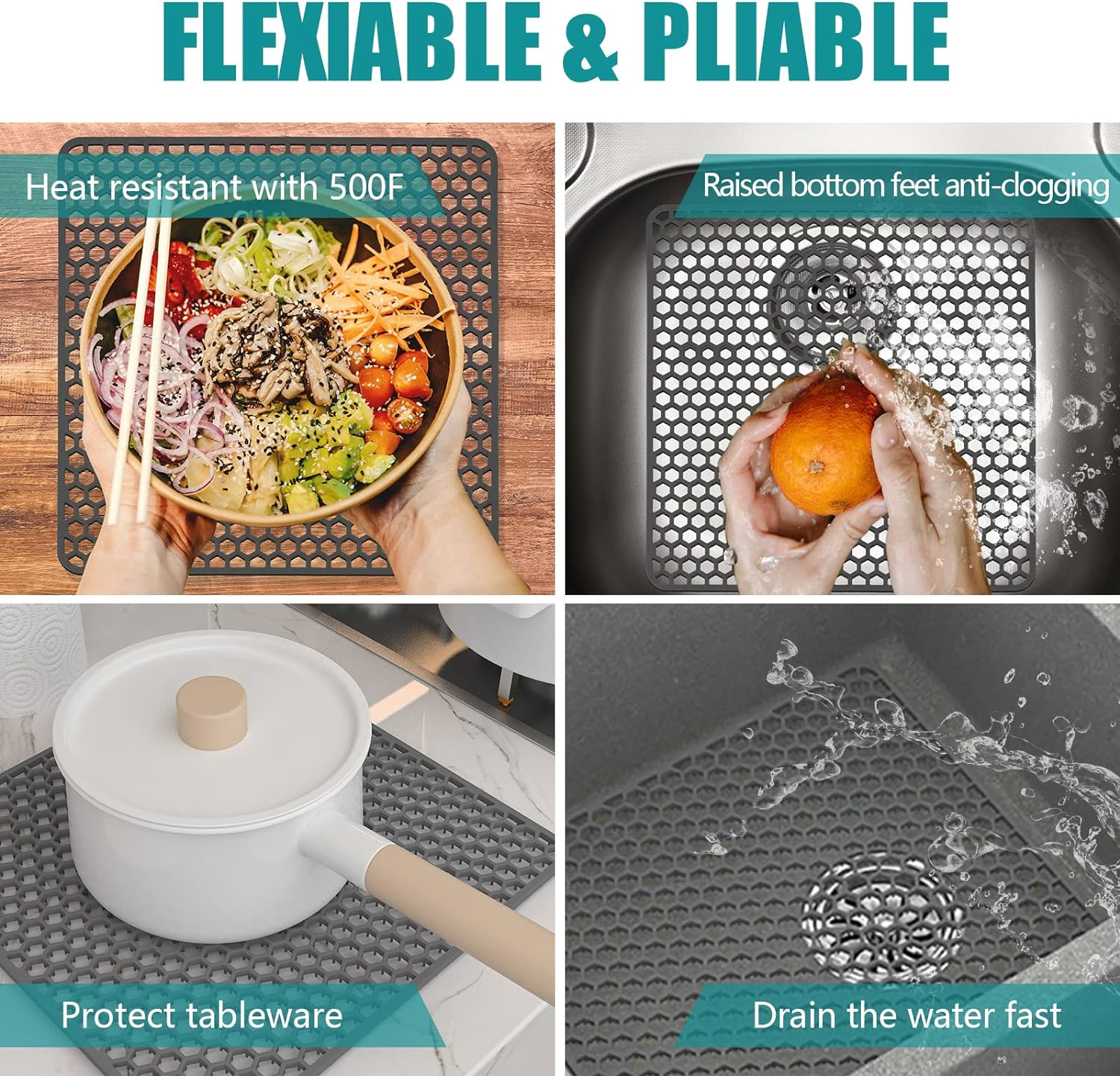 2 PCS Silicone Sink Protector, Kitchen Sink Mats Grid Accessory, Folding Heat Resistant Non-Slip Sink Mat for Bottom of Farmhouse Stainless Steel Porcelain Sink (Grey,12 ''X 12 '') image number 1