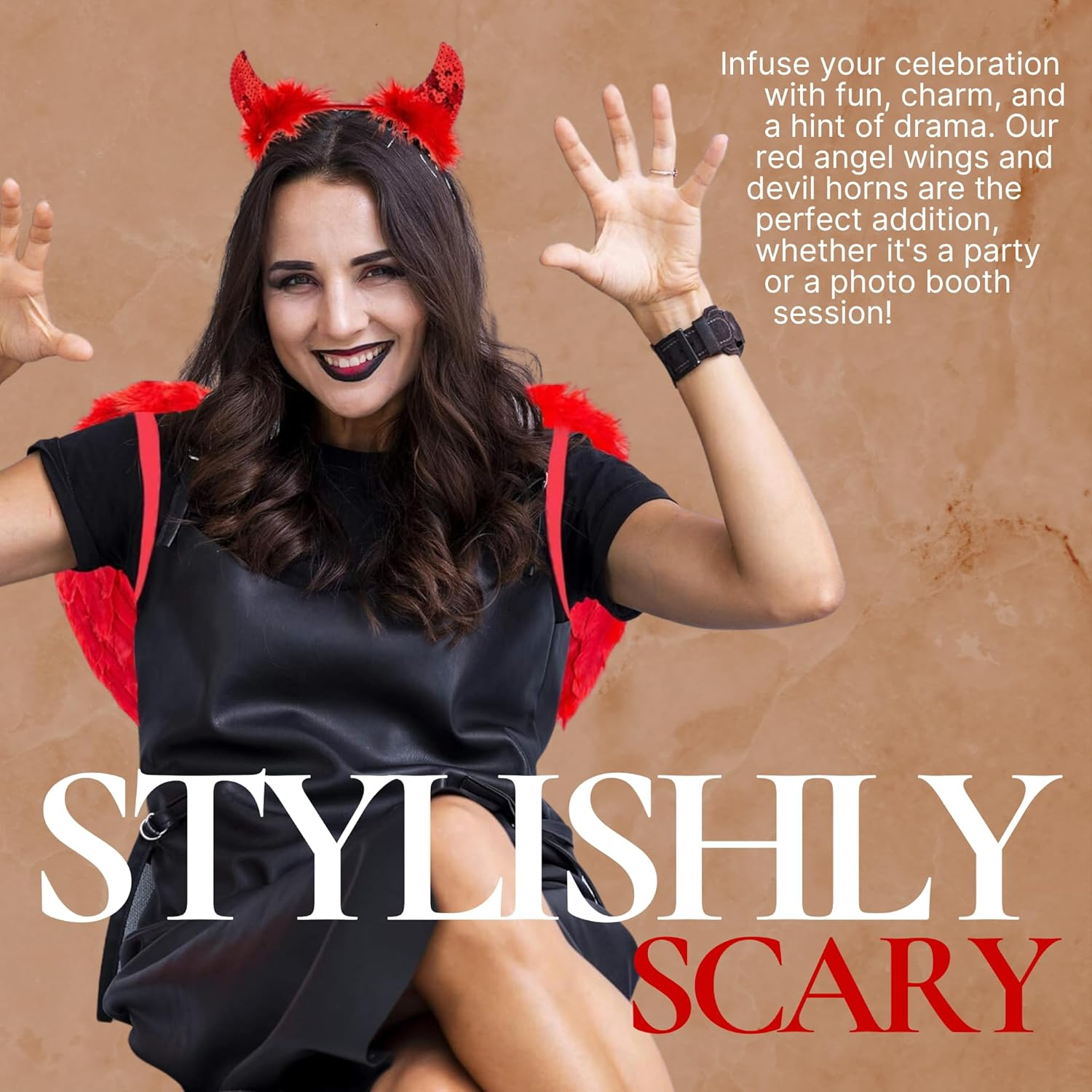 Red Angel Wings and Sequin Devil Horns - Red Feather Wings and Horns Headband - Halloween or Carnival Party Costume, Children or Adults Fancy Dress Outfit image number 4